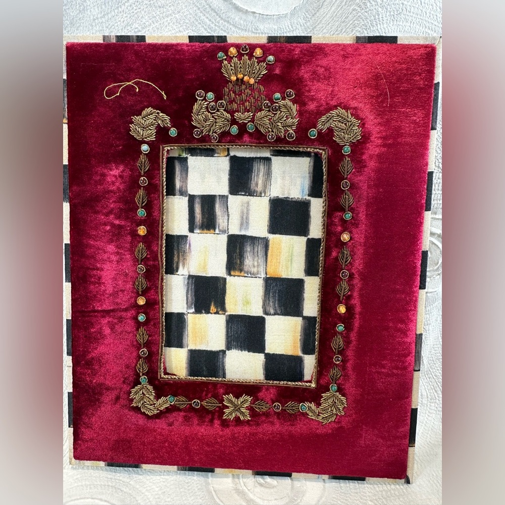Mackenzie Childs Red Velvet Metal  Embroidered Frame 11"x9"